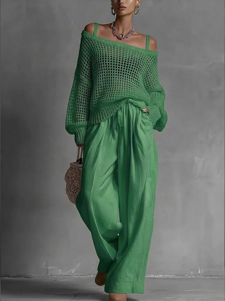 Women's Hollow-Out Knit Top and Wide-Leg Linen Pants Two-Piece Set - Image 7