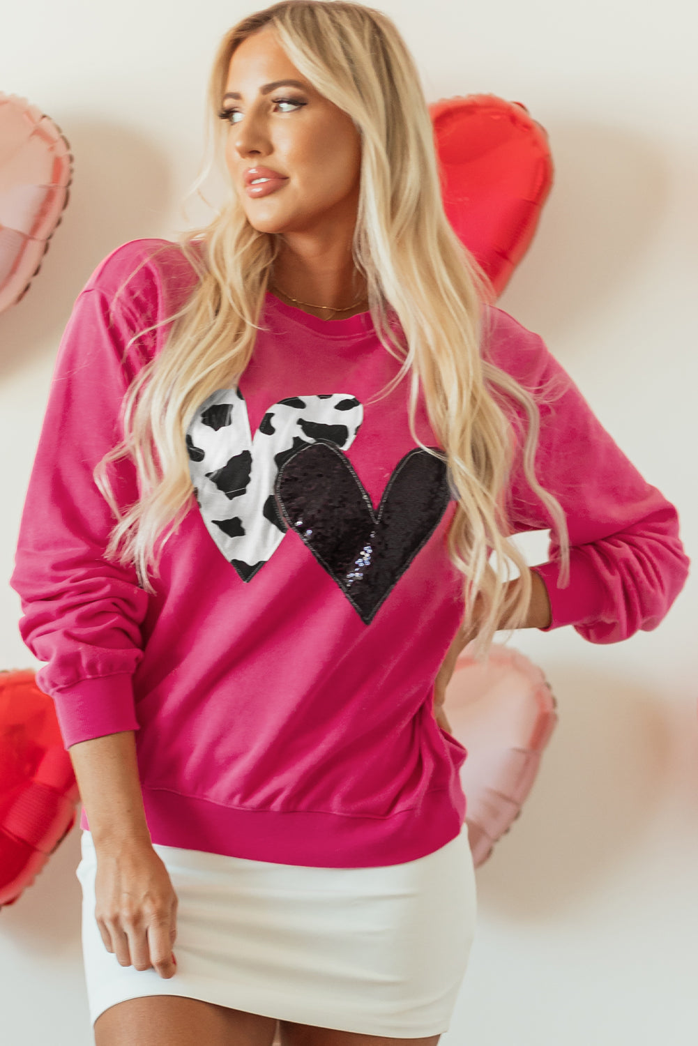 Whitley Hot Pink Sweatshirt with Cow Print and Sequin Heart - Image 3