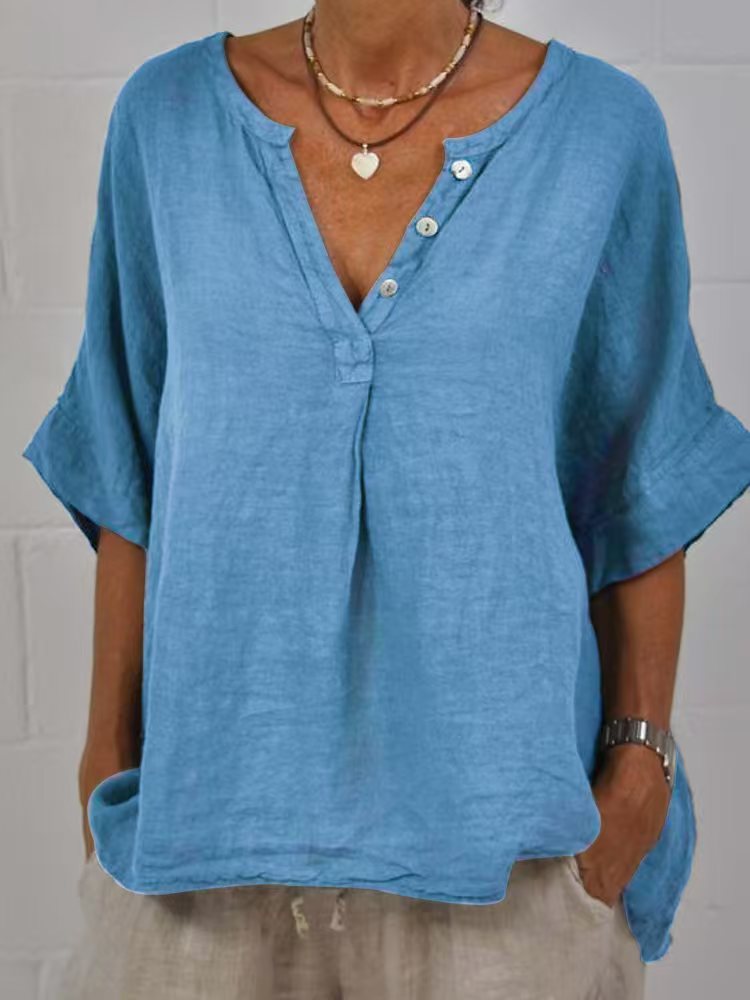 Women's Cotton Linen V-Neck Button-Up Shirt Casual Top - Image 10