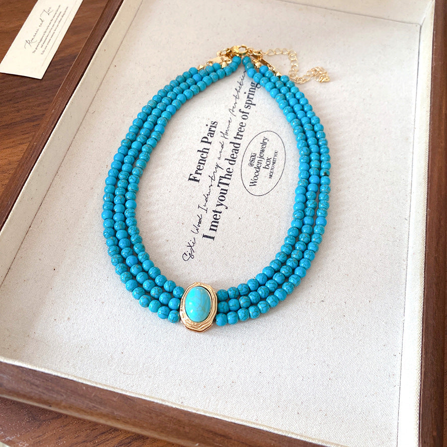 European And American Multi-Layered Green Stone Beaded Necklace For Women, Fashionable And Simple Clavicle Chain, Retro Ethnic Style Necklace Wholesale