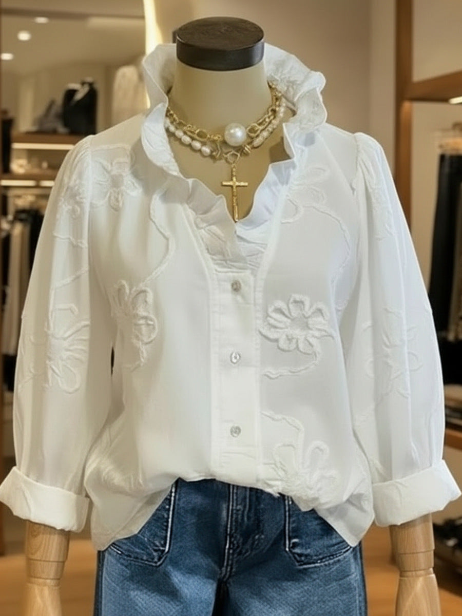 Women's Lace Embroidered Cotton Linen Blouse with Ruffled Neck - Image 10