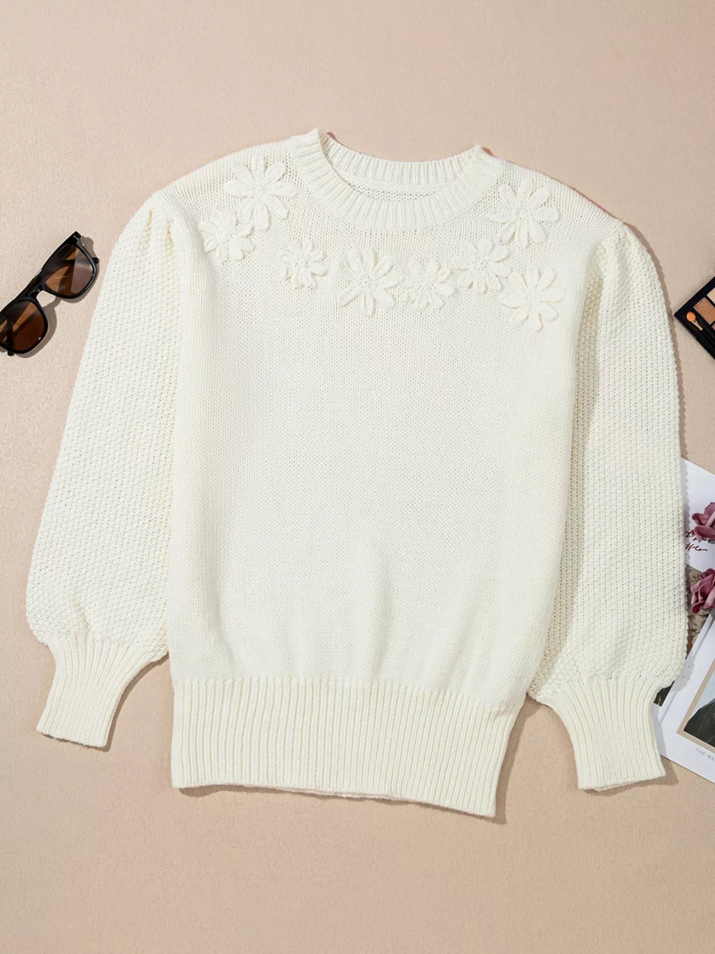 Flower Detail Round Neck Contrast Textured Puff Sleeve Sweater