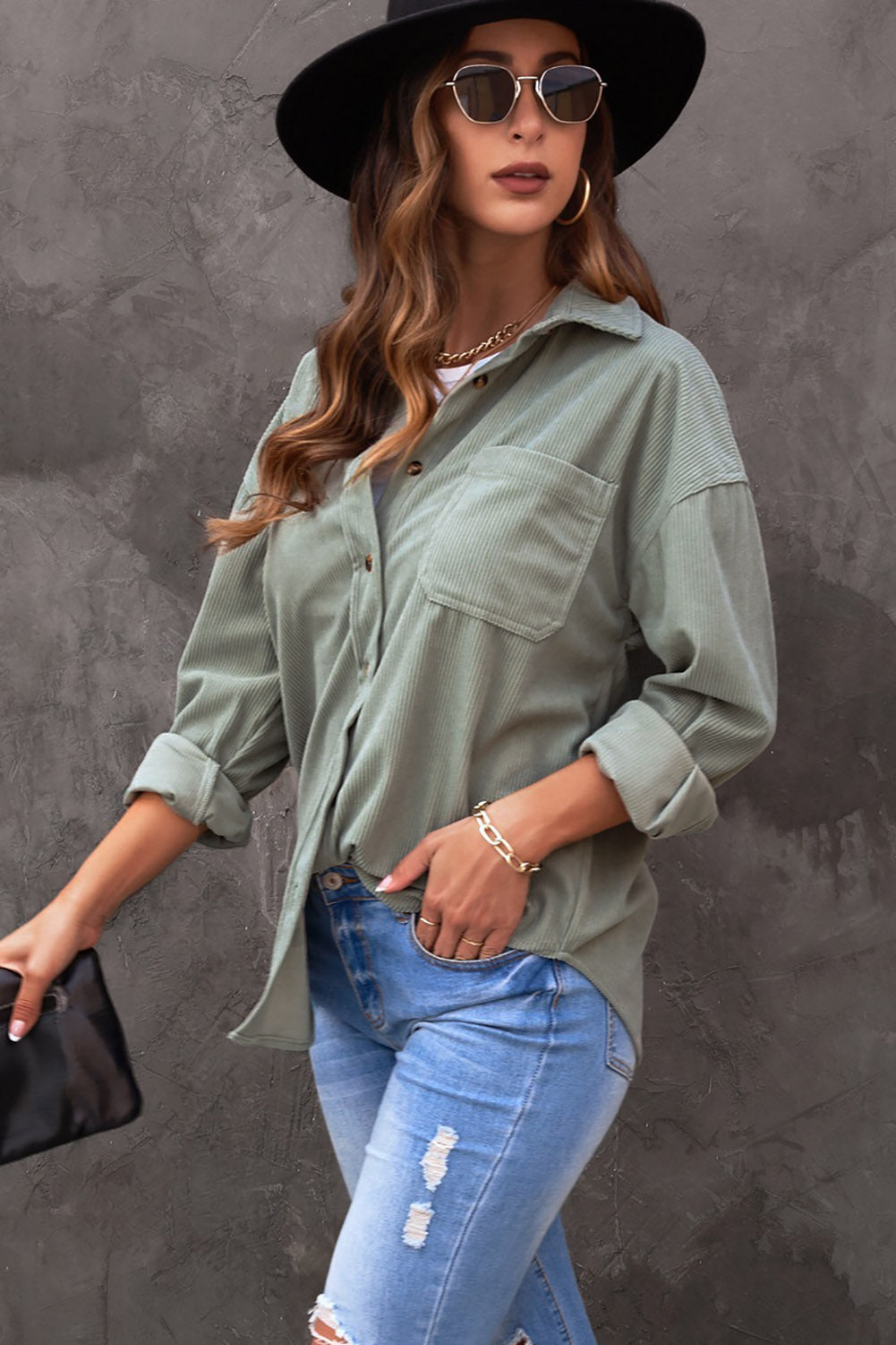 Pink Corduroy Button Pocket Shirt