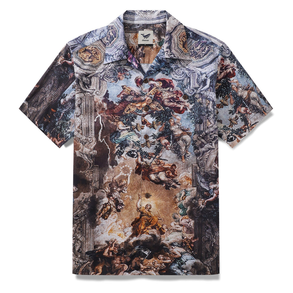Men's Hawaiian shirt with Baroque Barberini sun and bee print, camp collar style