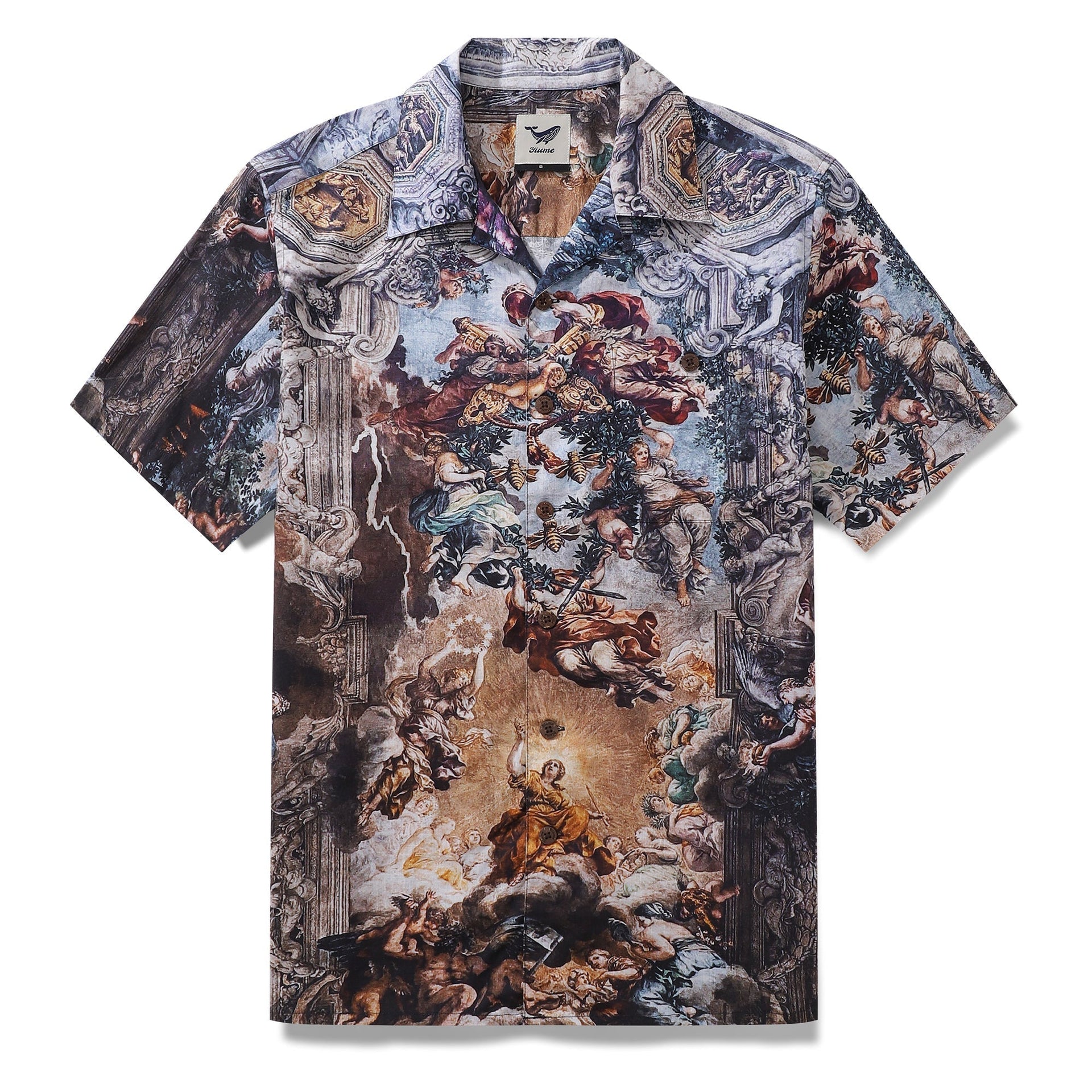 Men's Hawaiian shirt with Baroque Barberini sun and bee print, camp collar style