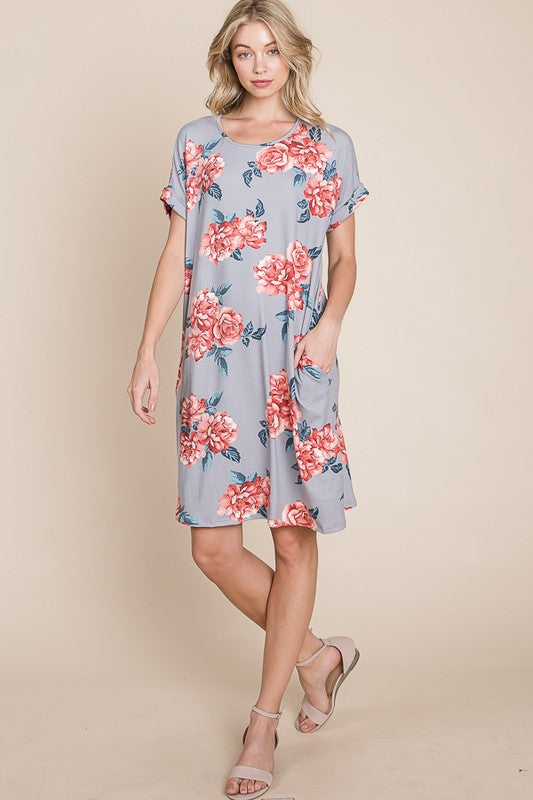 Floral Print Short Sleeve T-Shirt Dress with Pockets for Women