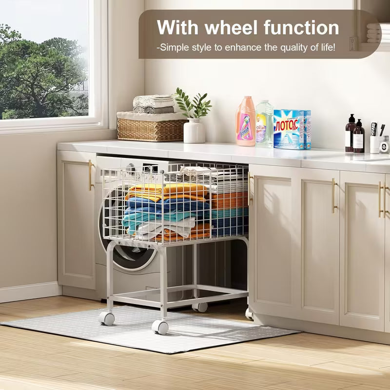 Metal Wire Rolling Laundry Hamper Cart with Pull Handle