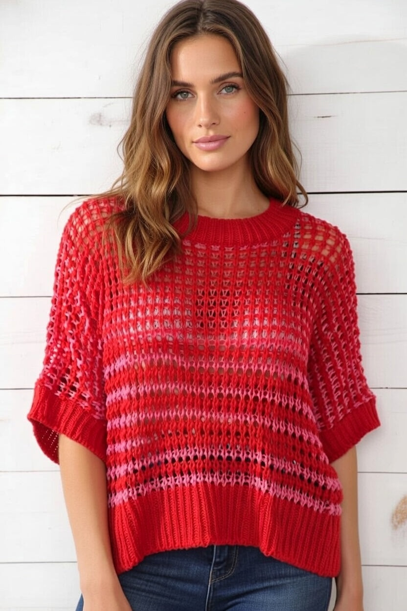 Oversized 3/4 stripe draped sleeve sweater in a soft knit fabric