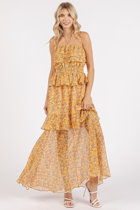 Floral Halter Neck Maxi Dress with Smocked Waist