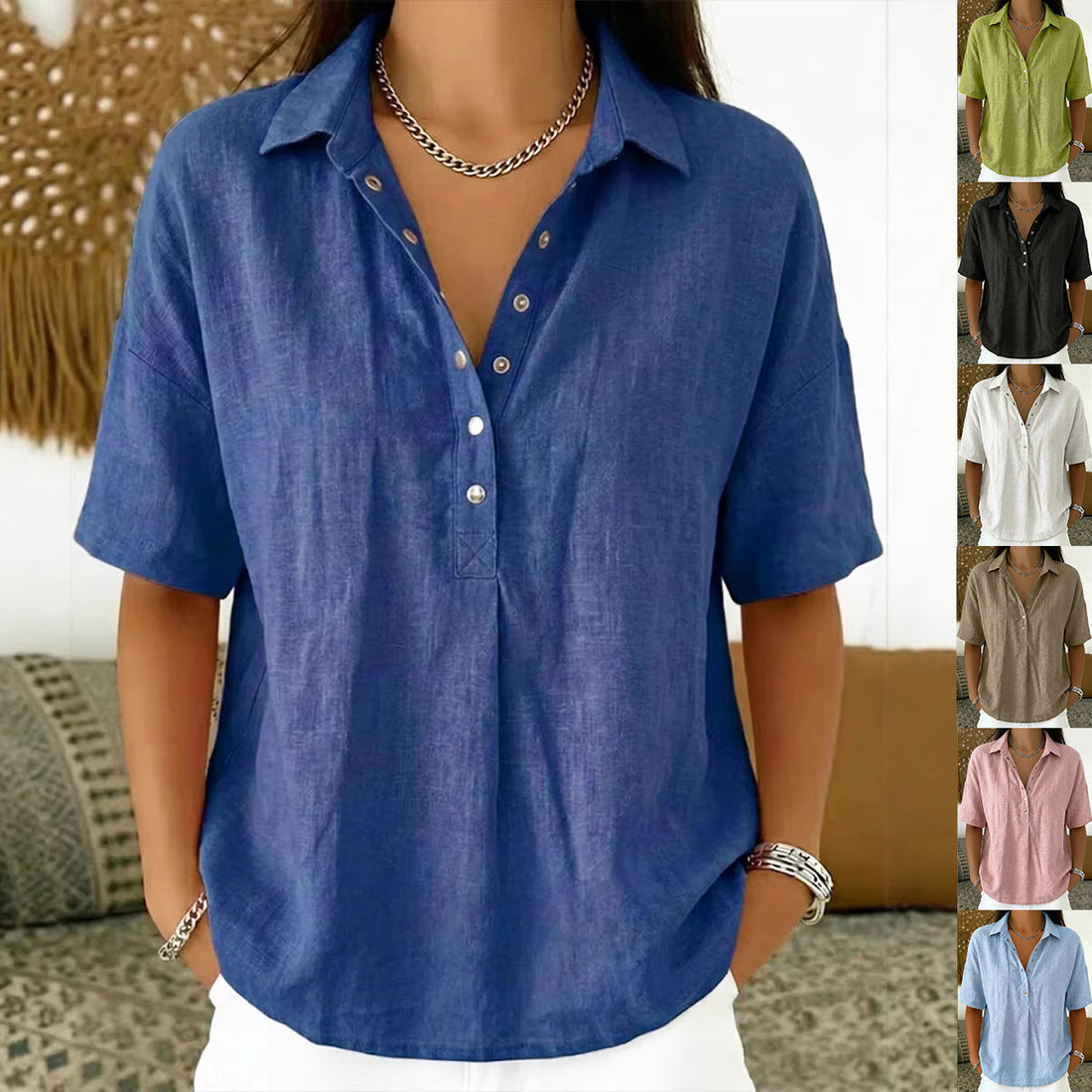 A minimalist short sleeve button pullover shirt in linen, featuring subtle patchwork details and a solid color finish.