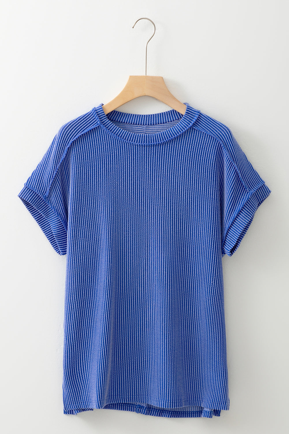 Women’s Blue Knit Textured Round Neck Short Sleeve Casual T-Shirt