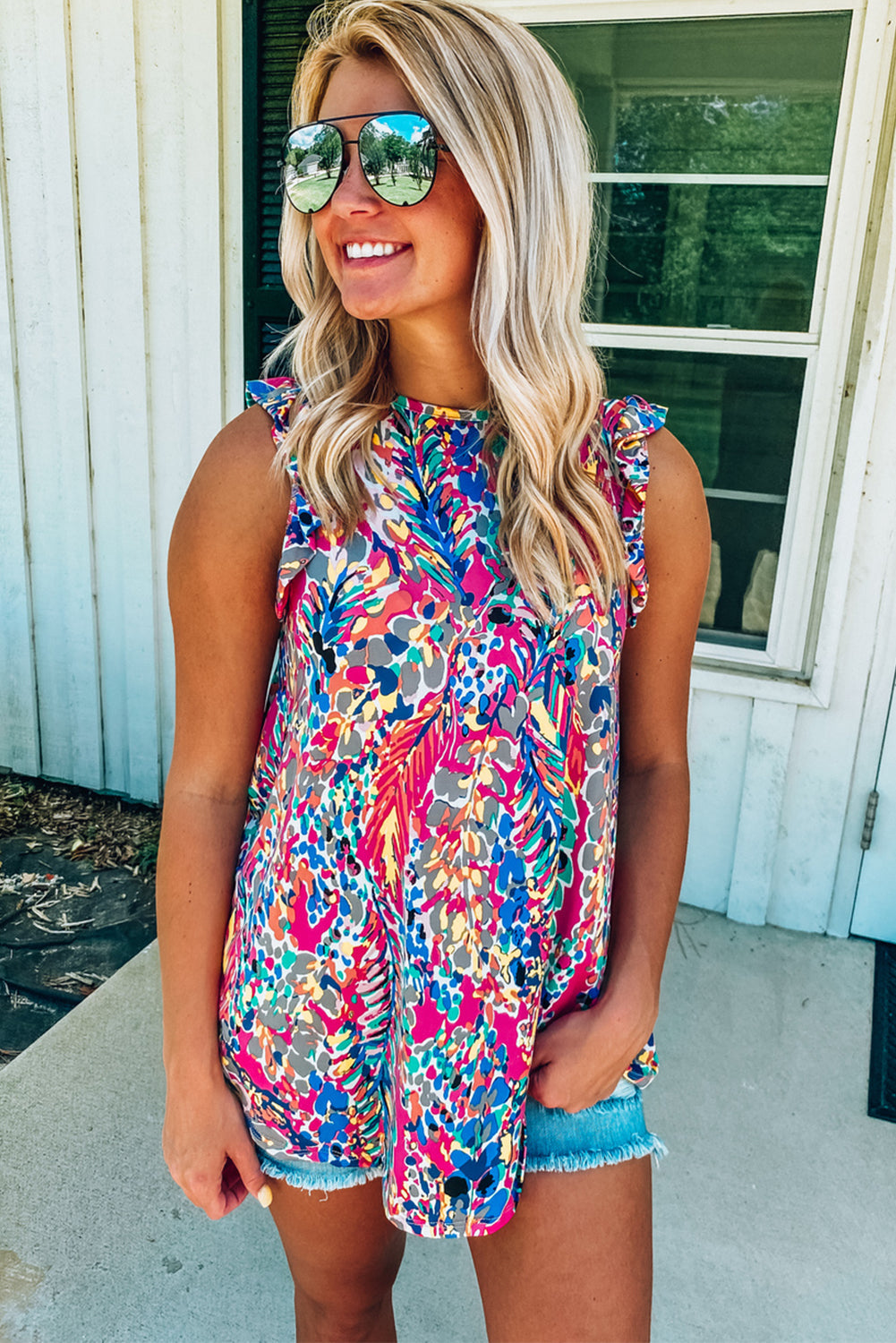 Rosy Boho Abstract Print Ruffle Sleeveless Babydoll Shirt