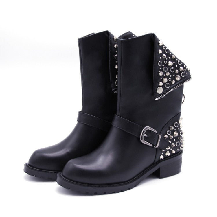 A pair of black punk-style combat boots featuring silver rivets, studs, a side zipper detail, and an adjustable buckle strap, displayed on a white background.