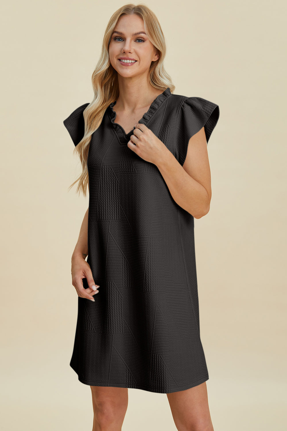 Ruffled V-Neck Cap Sleeve Dress in Elegant Style