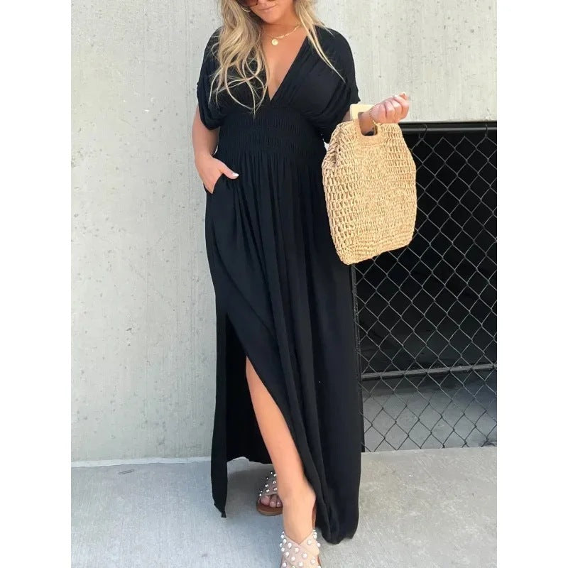 Women's Batwing Sleeve V-Neck Maxi Dress with Slit and Elastic Waist