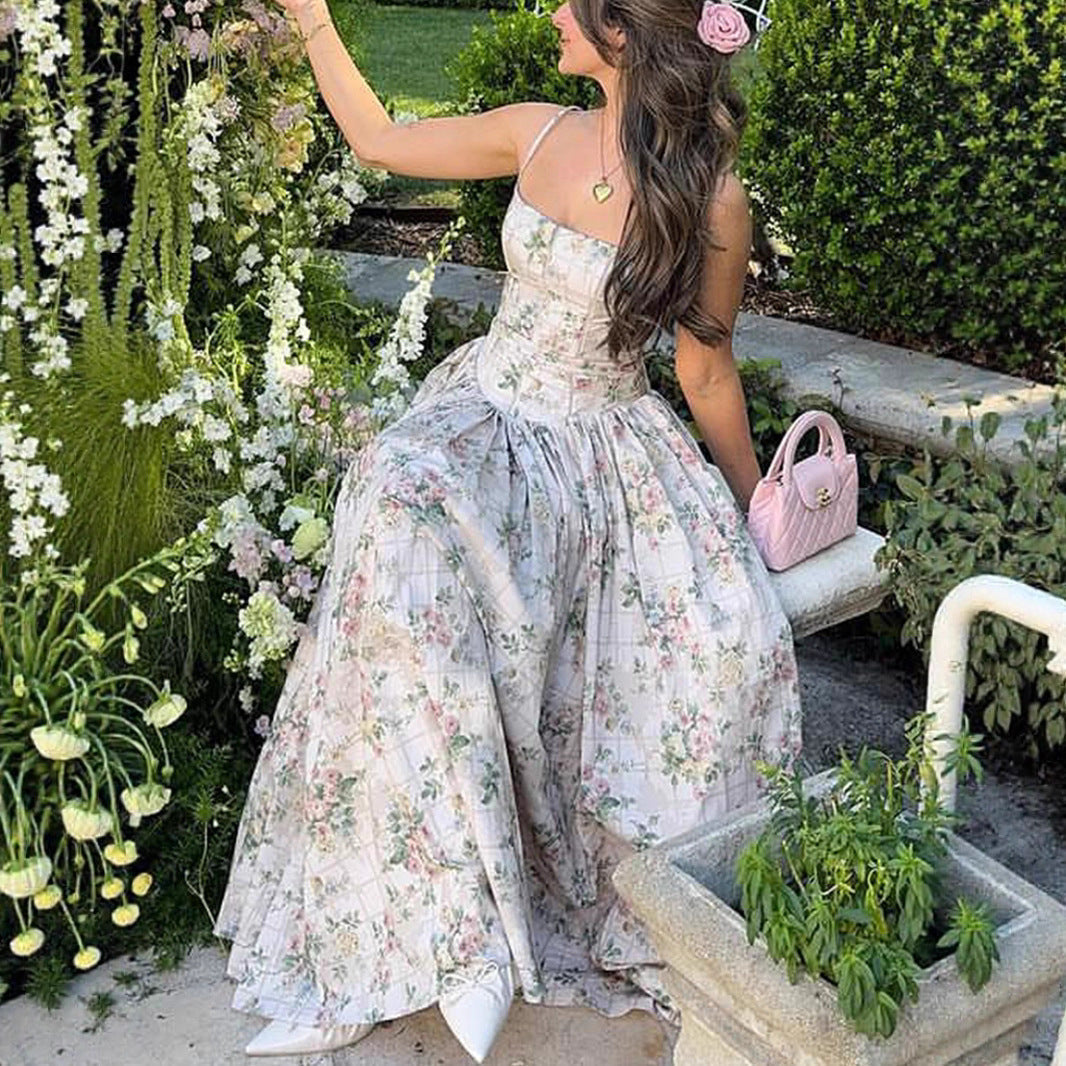 Floral Printed Strapless Backless Maxi Dress in White, Purple, Blue