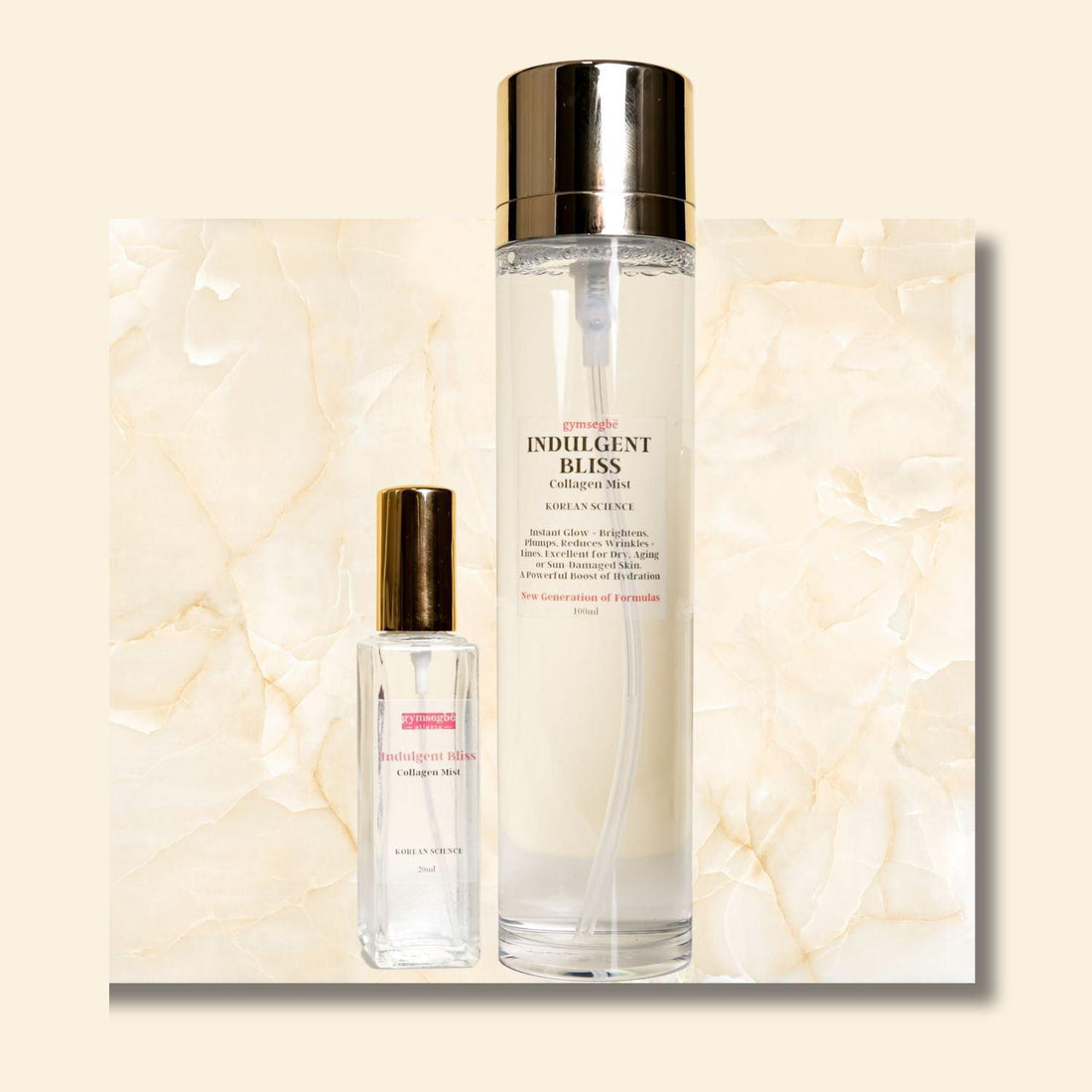 Indulgent Bliss Collagen Facial Mist in a luxurious clear and gold bottle.