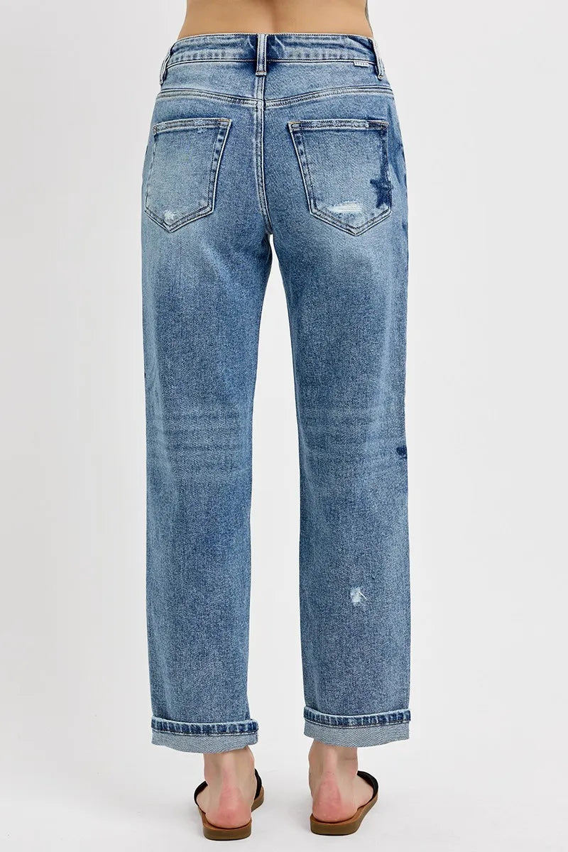 Mid Rise Boyfriend Star Shadow Detail Cuffed Jeans