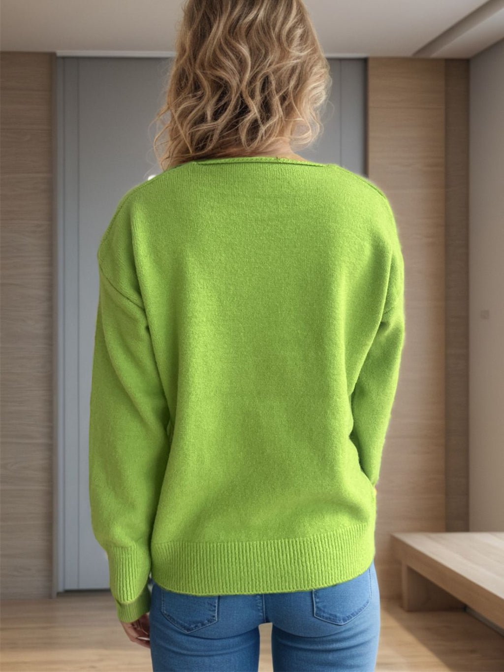 Women's V-Neck Dropped Shoulder Long Sleeve Knit Sweater - Image 9