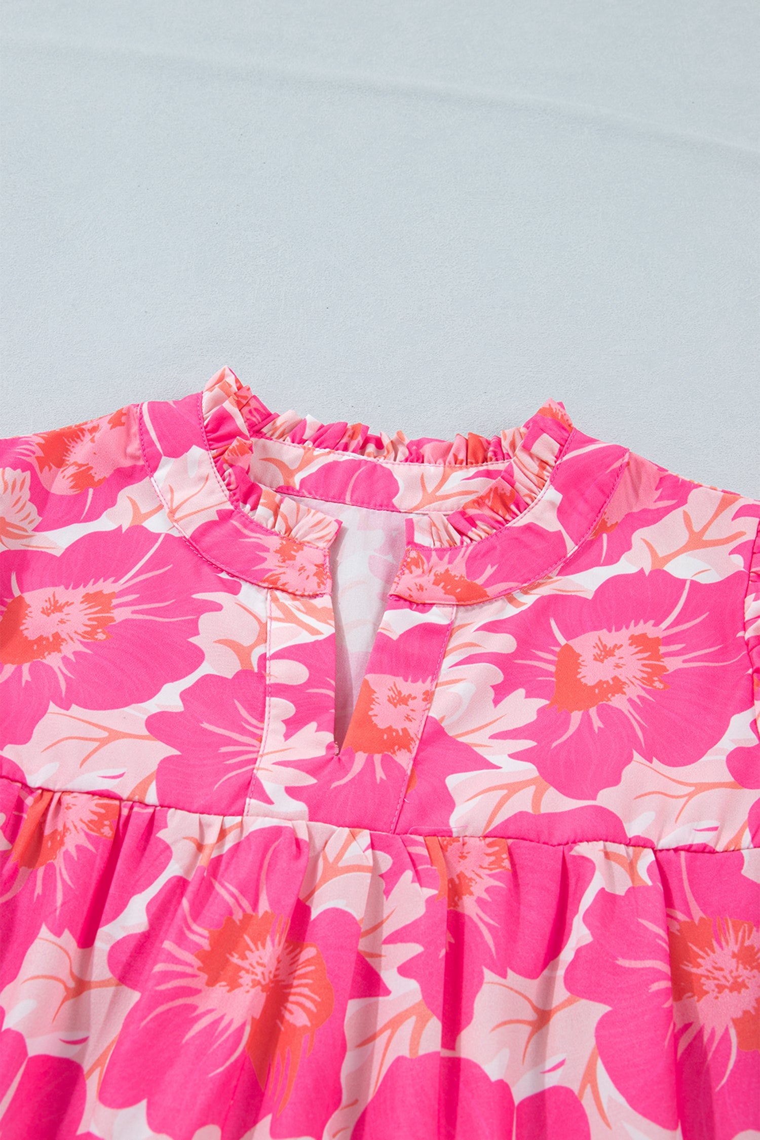 Floral Short Bubble Sleeve V-Neck Blouse