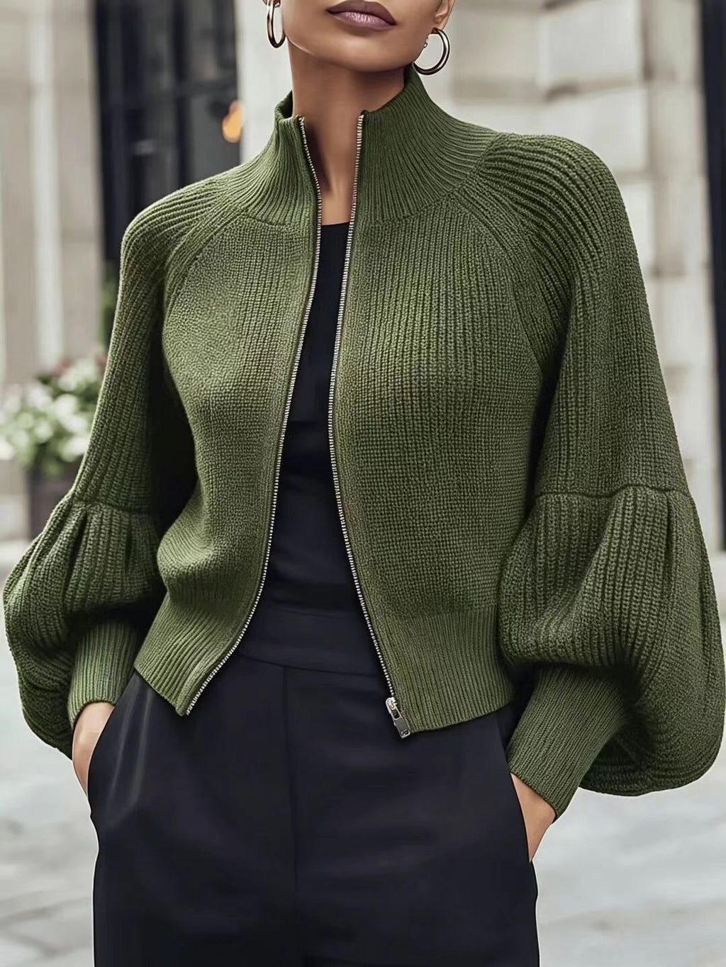 Women's Textured Open-Front Lantern-Sleeve Cardigan
