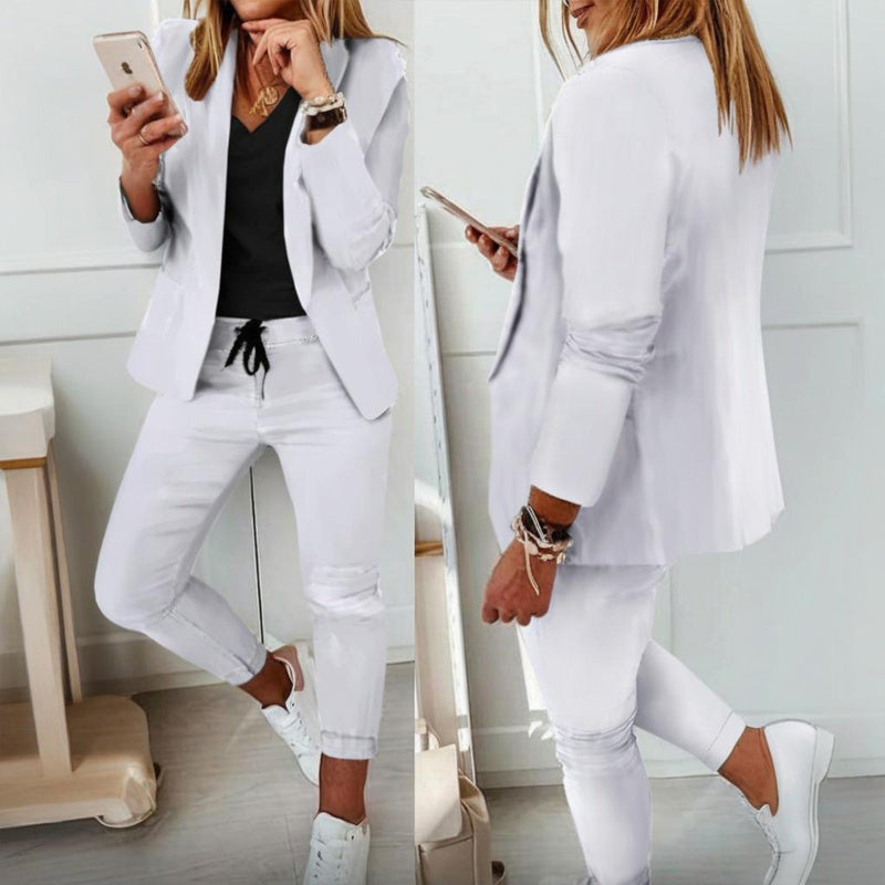 Women Notch-Lapel Blazer and Drawstring Pants Two-Piece Suit