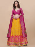 Yellow brocade jacquard semi-stitched lehenga with unstitched blouse and dupatta