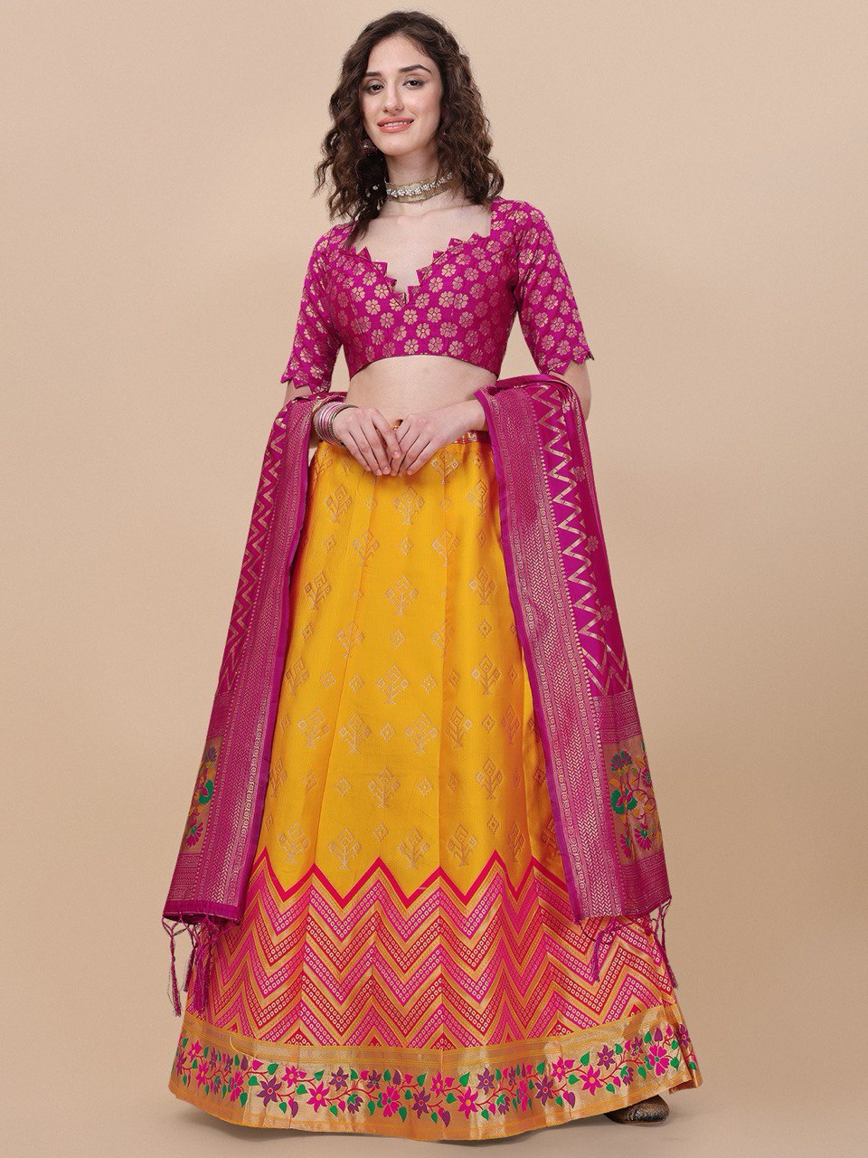 Yellow brocade jacquard semi-stitched lehenga with unstitched blouse and dupatta