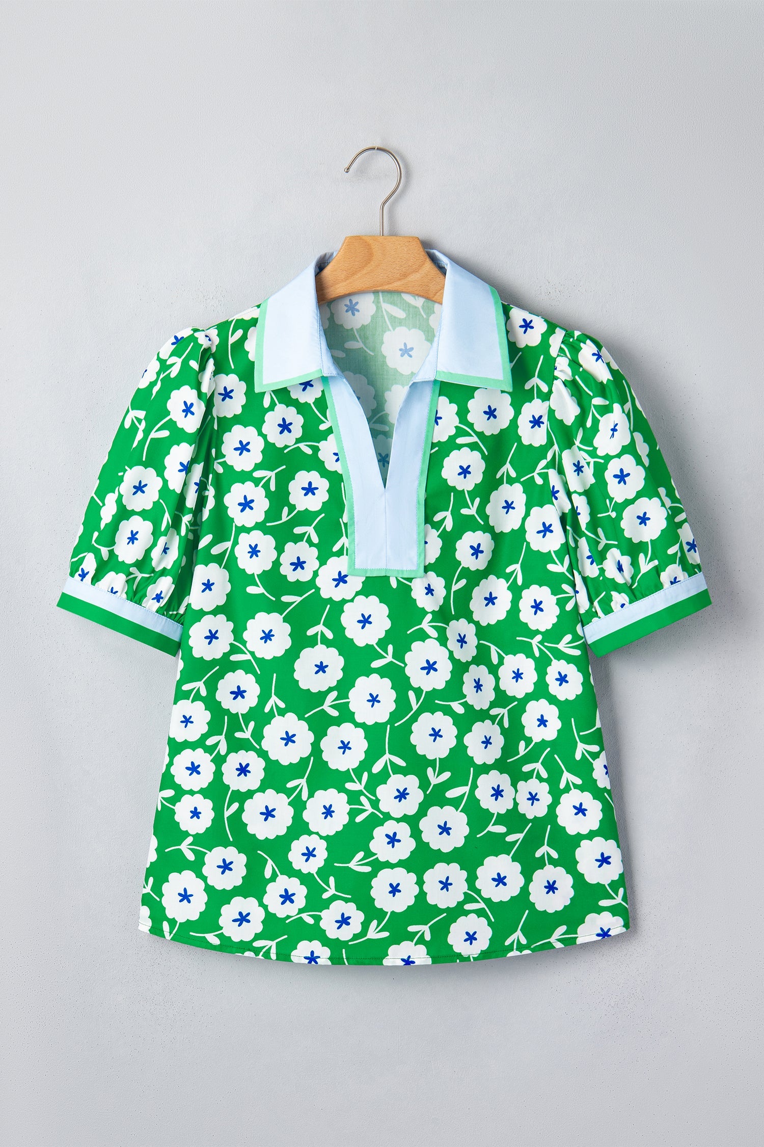 Flower Contrast Patchwork Collar Short Sleeve Blouse, Green White