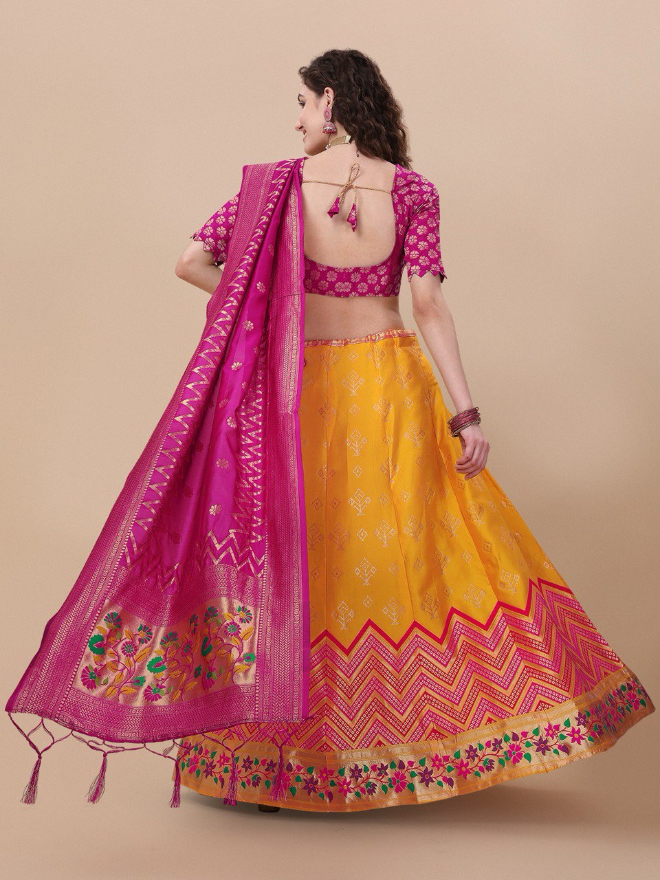Yellow Brocade Jacquard Lehenga Set with Unstitched Blouse