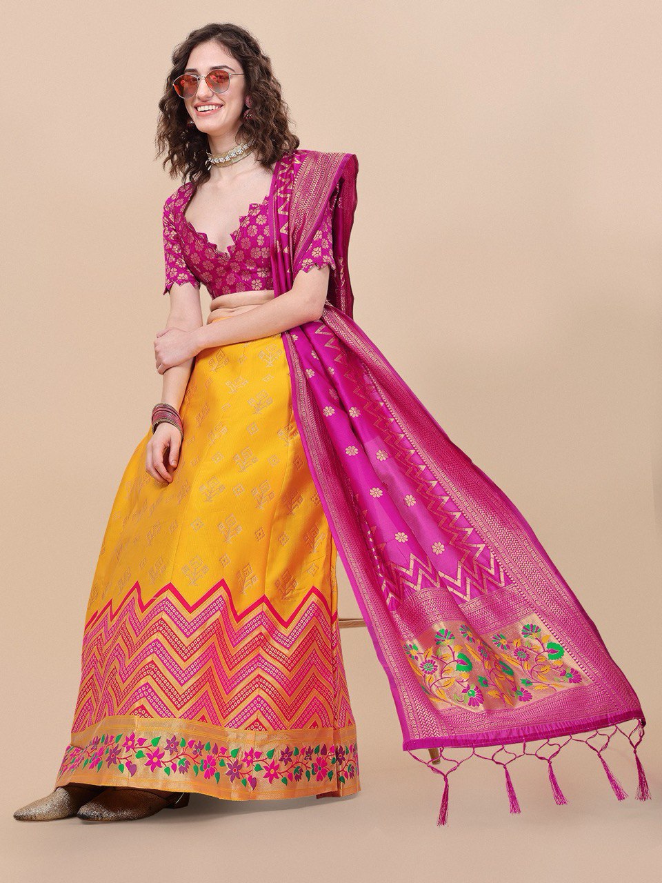 Yellow Brocade Jacquard Lehenga Set with Unstitched Blouse