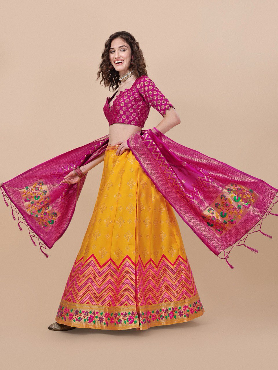 Yellow Brocade Jacquard Lehenga Set with Unstitched Blouse