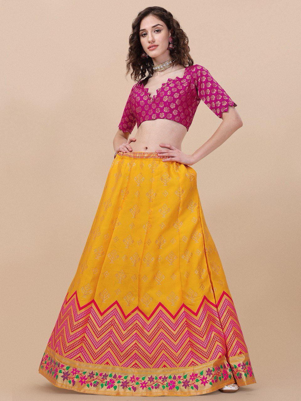Yellow Brocade Jacquard Lehenga Set with Unstitched Blouse