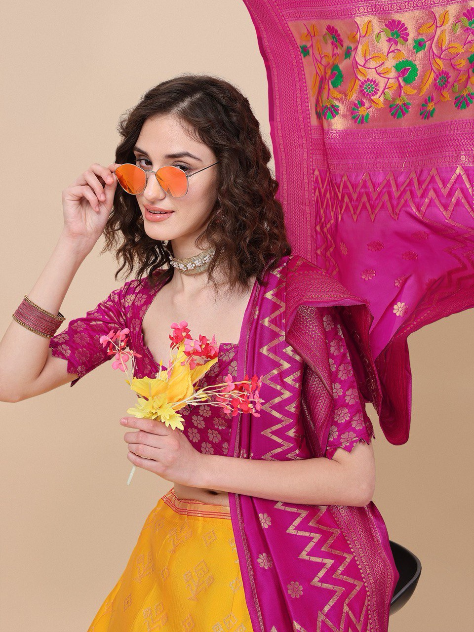 Yellow Brocade Jacquard Lehenga Set with Unstitched Blouse