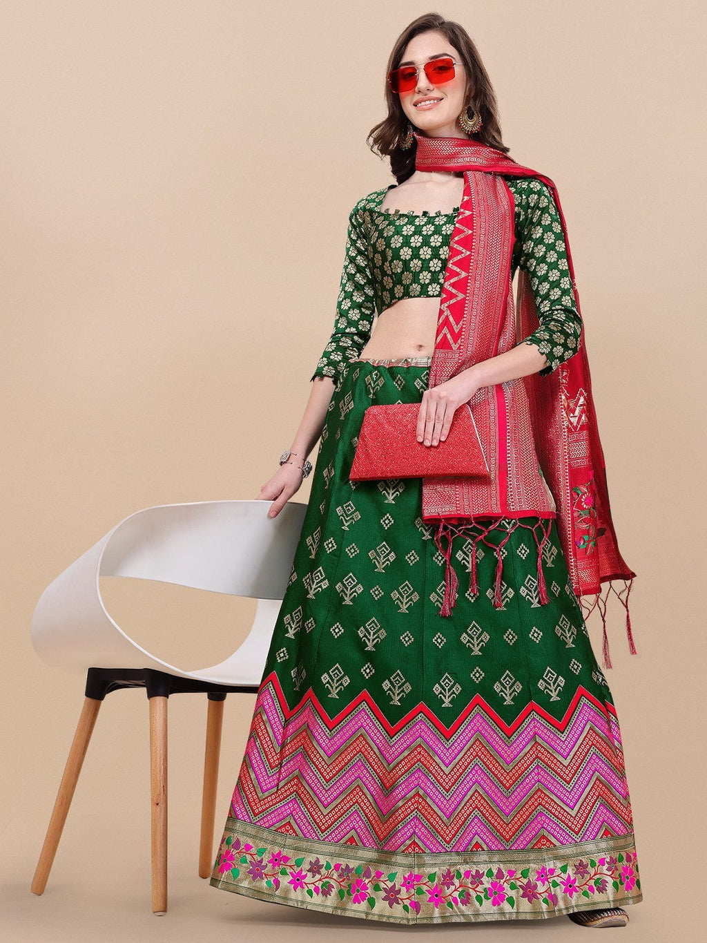 Elegant green brocade jacquard lehenga with matching dupatta and unstitched blouse fabric