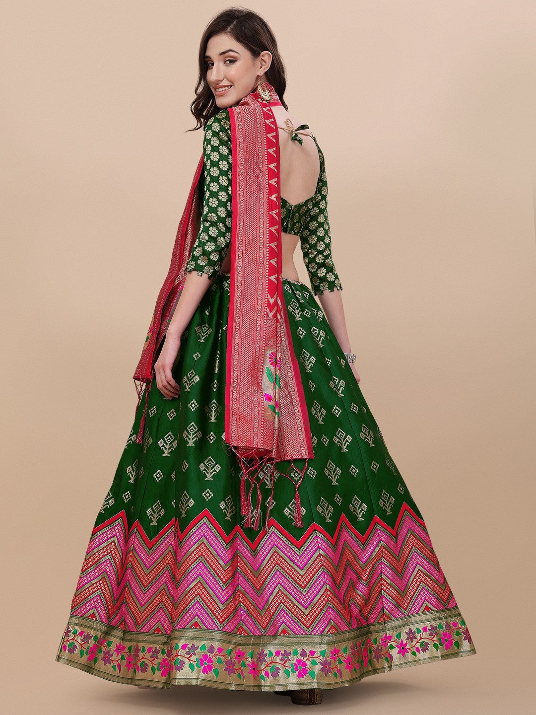 Green Brocade Jacquard Lehenga Set with Unstitched Blouse