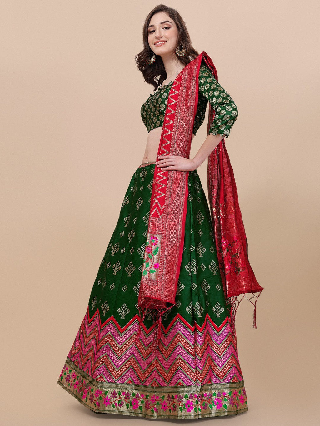 Green Brocade Jacquard Lehenga Set with Unstitched Blouse