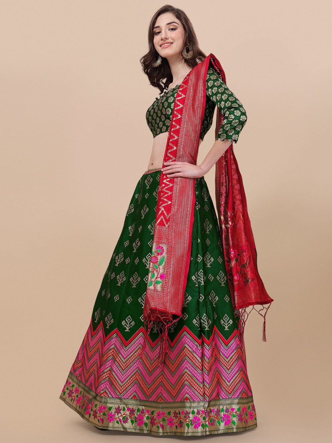 Green Brocade Jacquard Lehenga Set with Unstitched Blouse
