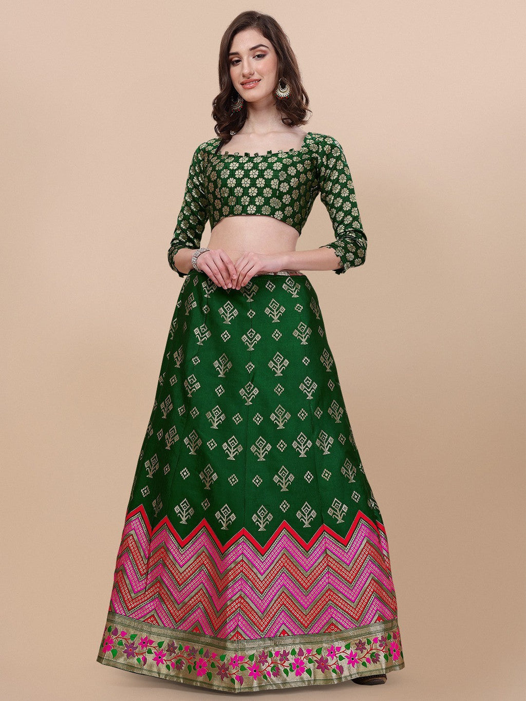 Green Brocade Jacquard Lehenga Set with Unstitched Blouse