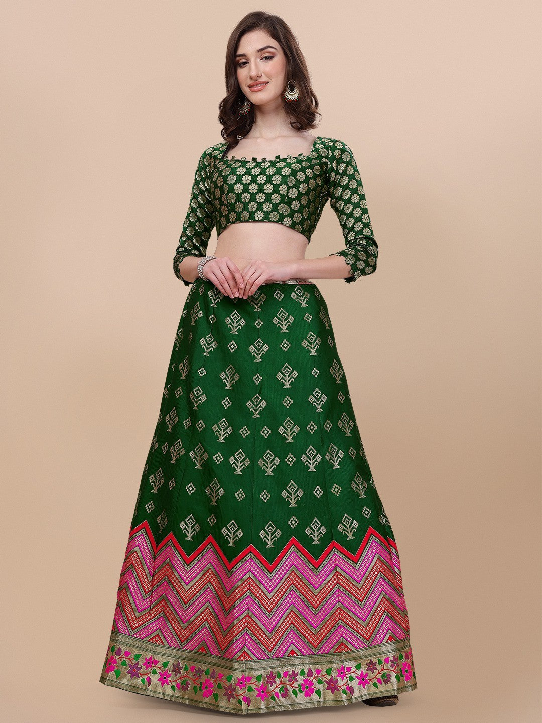 Green Brocade Jacquard Lehenga Set with Unstitched Blouse
