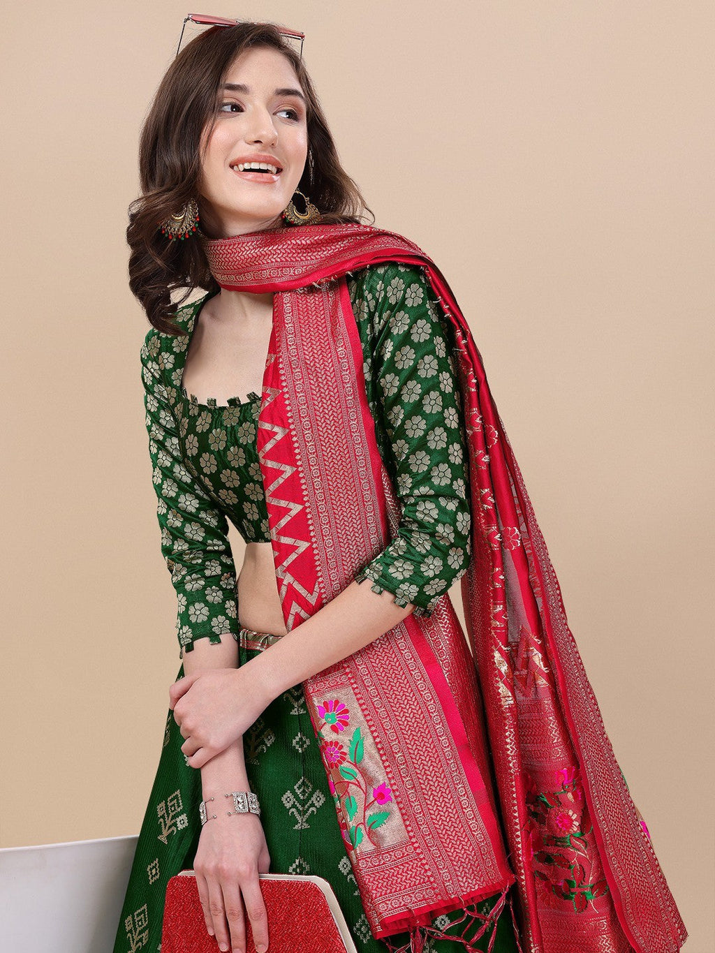 Green Brocade Jacquard Lehenga Set with Unstitched Blouse