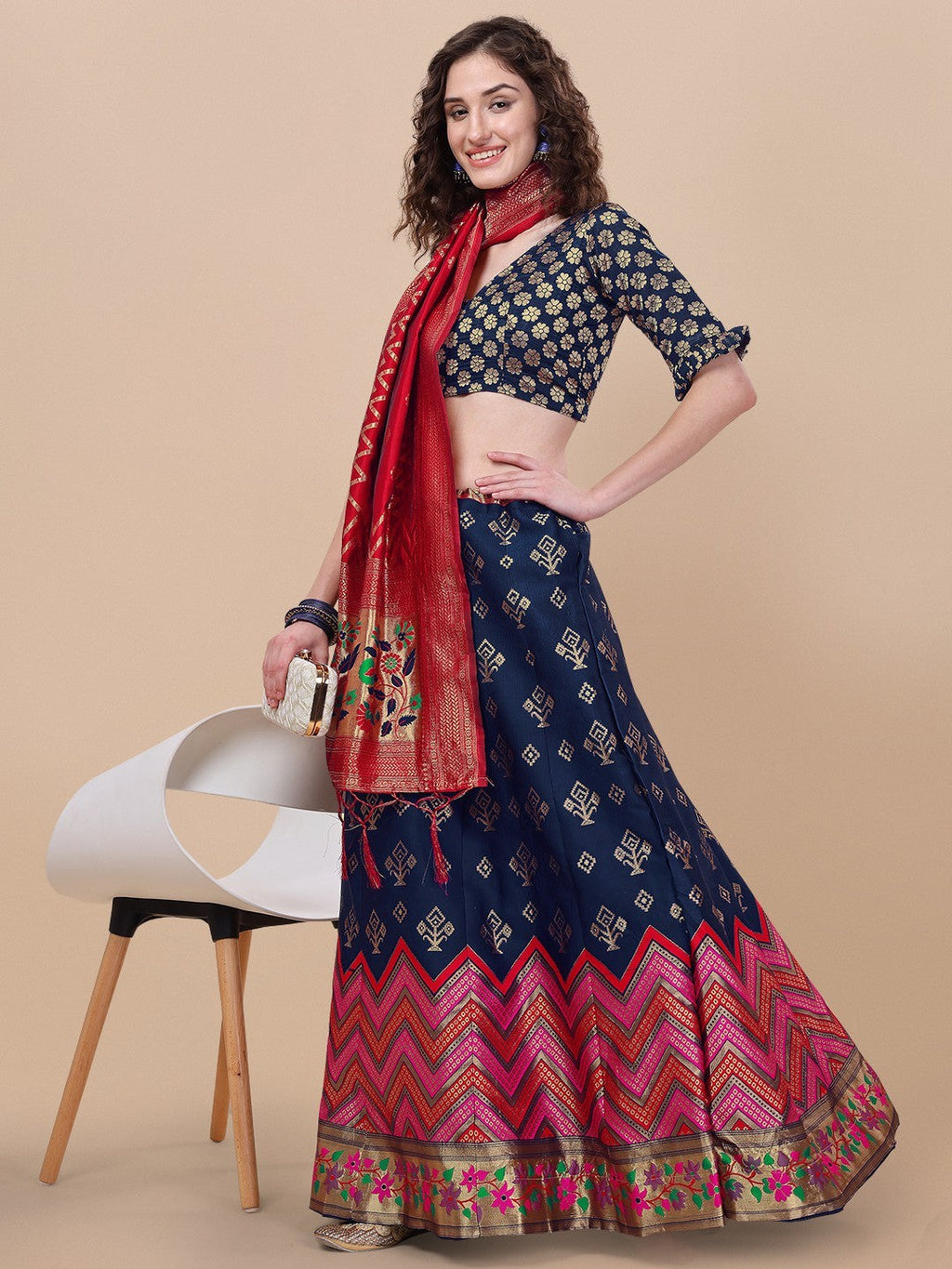 Elegant blue brocade jacquard lehenga set with dupatta and unstitched choli