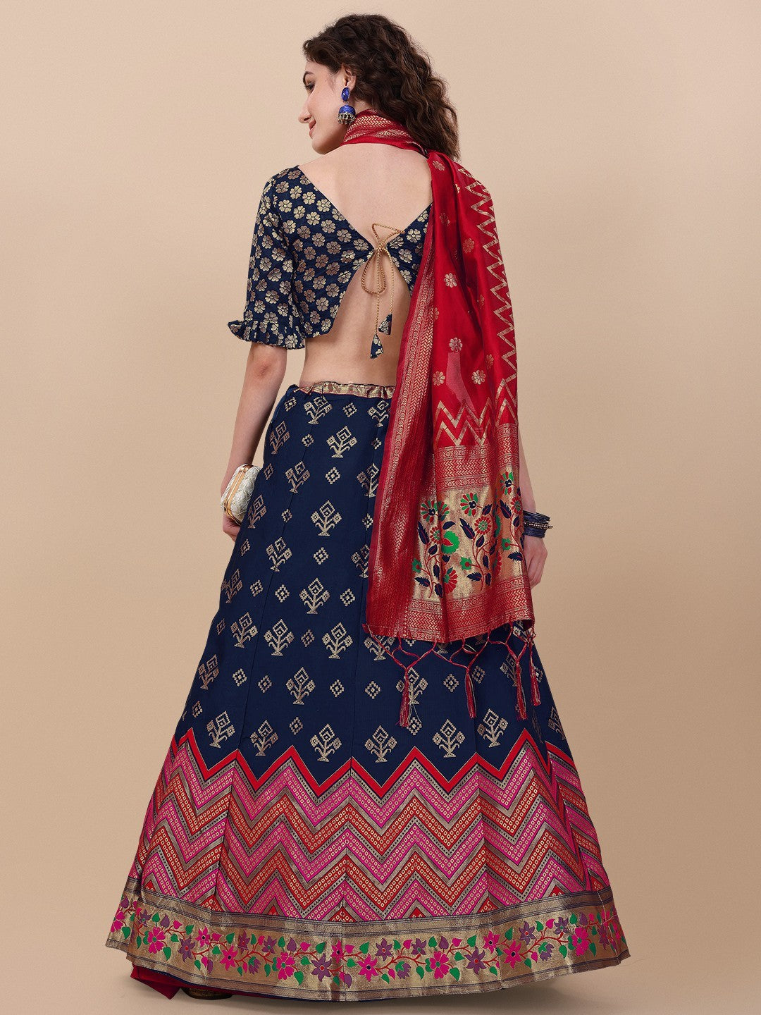 Blue Brocade Jacquard Lehenga Choli Set with Dupatta