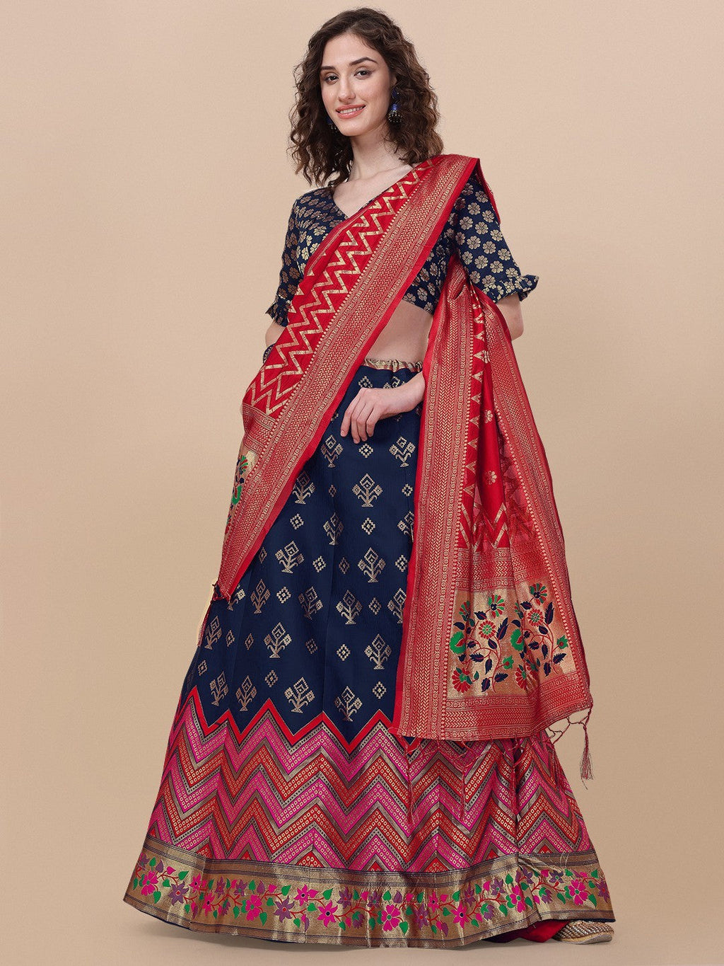 Blue Brocade Jacquard Lehenga Choli Set with Dupatta