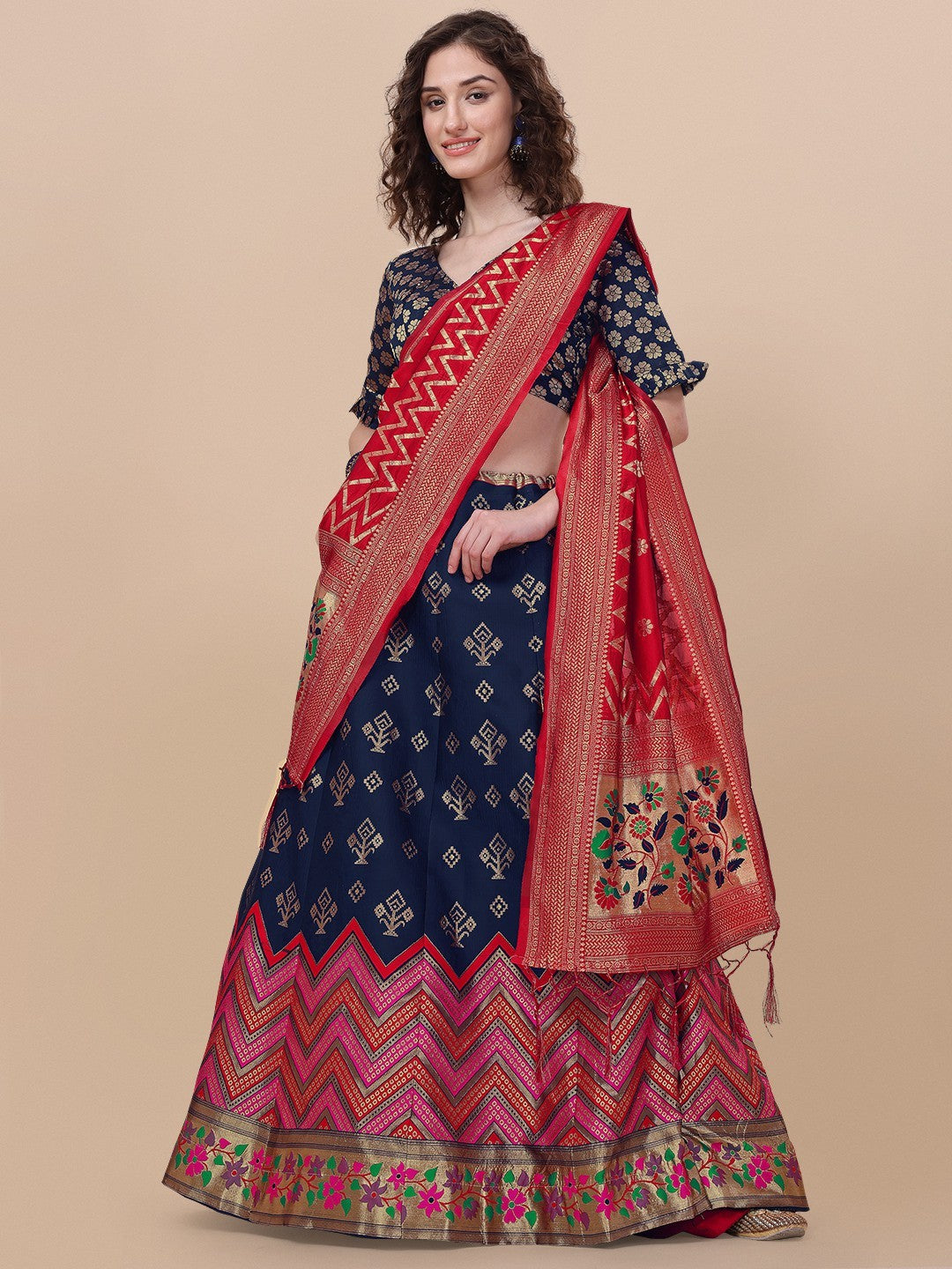 Blue Brocade Jacquard Lehenga Choli Set with Dupatta