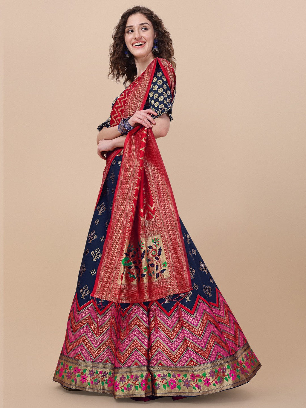 Blue Brocade Jacquard Lehenga Choli Set with Dupatta