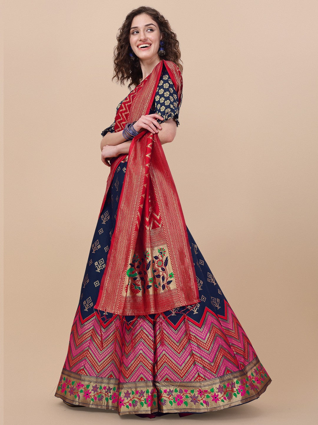 Blue Brocade Jacquard Lehenga Choli Set with Dupatta