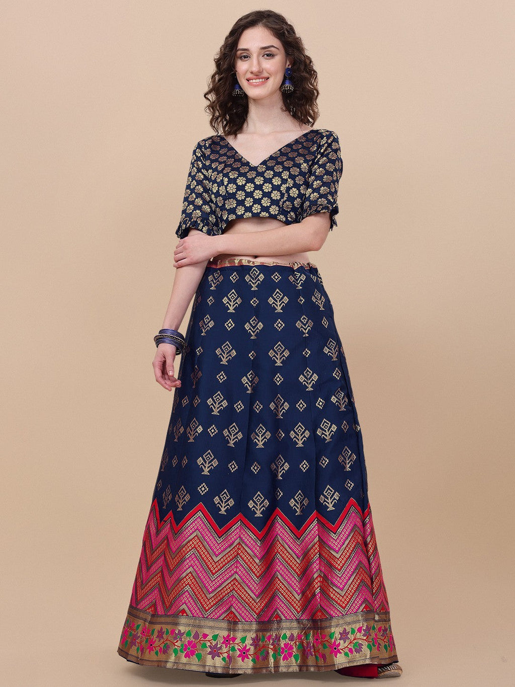 Blue Brocade Jacquard Lehenga Choli Set with Dupatta
