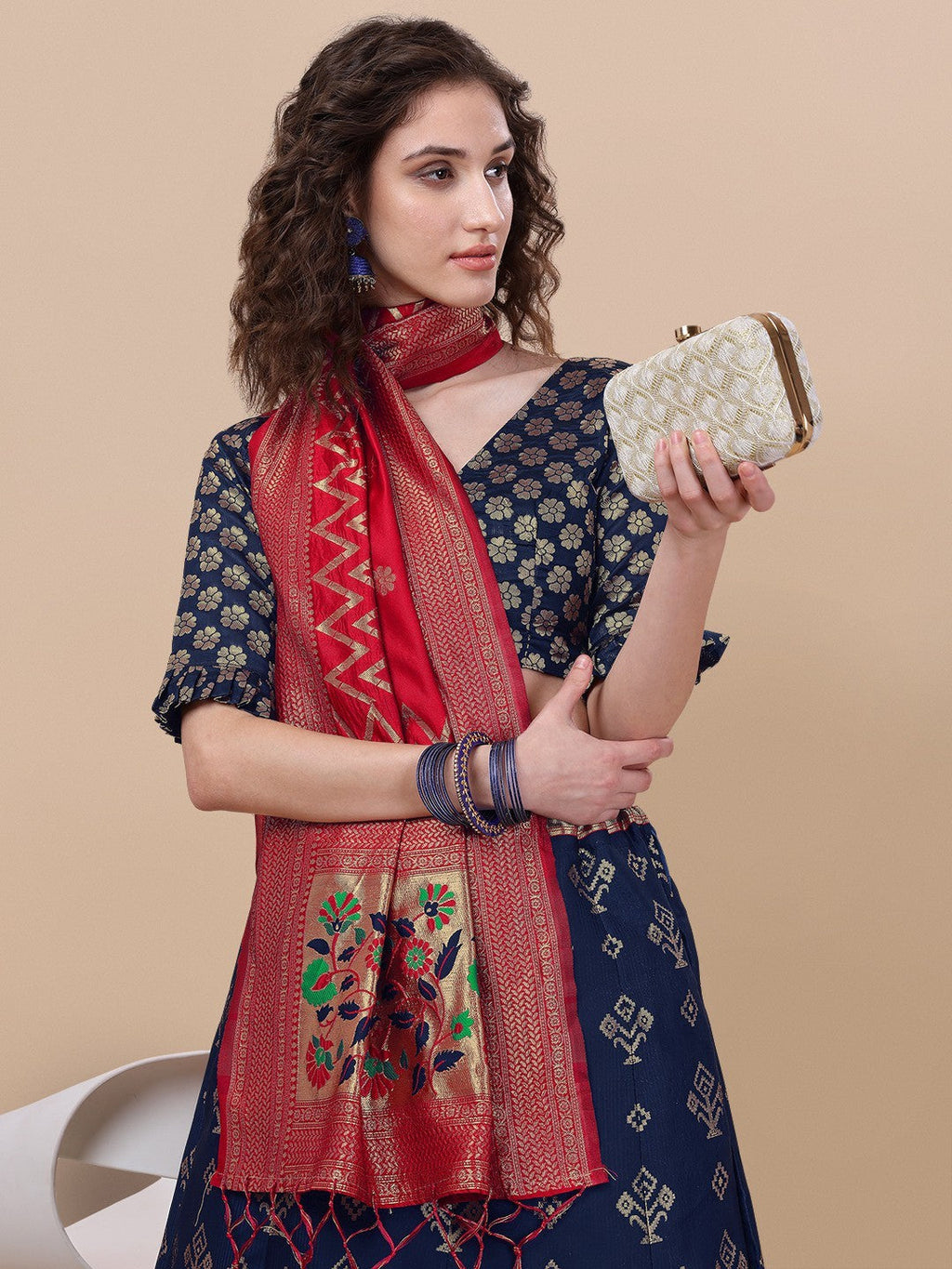 Blue Brocade Jacquard Lehenga Choli Set with Dupatta