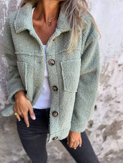 Women's Fuzzy Button-Up Jacket with Drop Shoulder